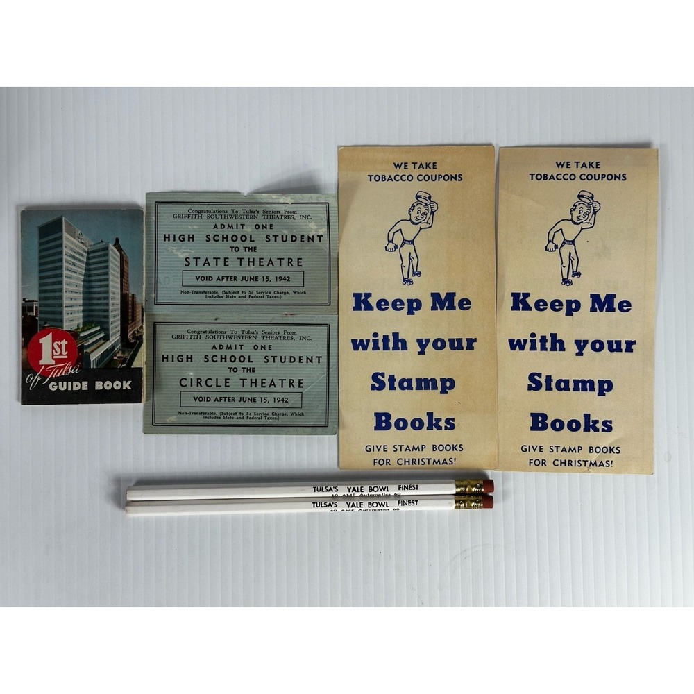 Vintage Ephemera Lot Tulsa Oklahoma Paper Tickets Stamp Book Guide Book Pencils